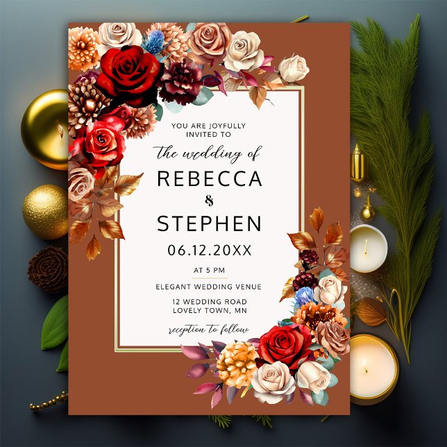 Modern Fall Bouquet Red Roses Terracotta Wedding Invitation (Creator Uploaded)
