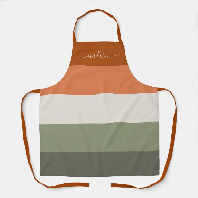 Modern fall coloured stripes script name apron (Front)