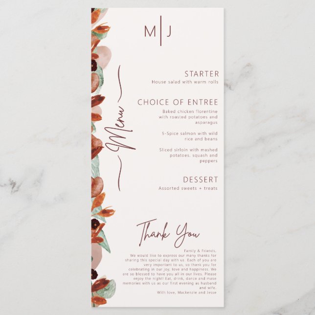 Modern Fall Floral Autumn Wedding Menu (Front)