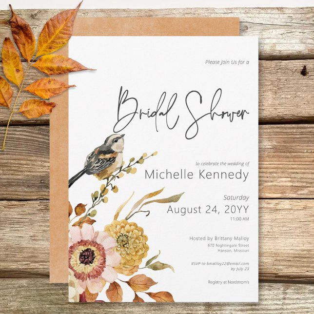 Modern Fall Floral & Bird Bridal Shower Invitation (Modern Fall Floral & Bird Bridal Shower Invitation)