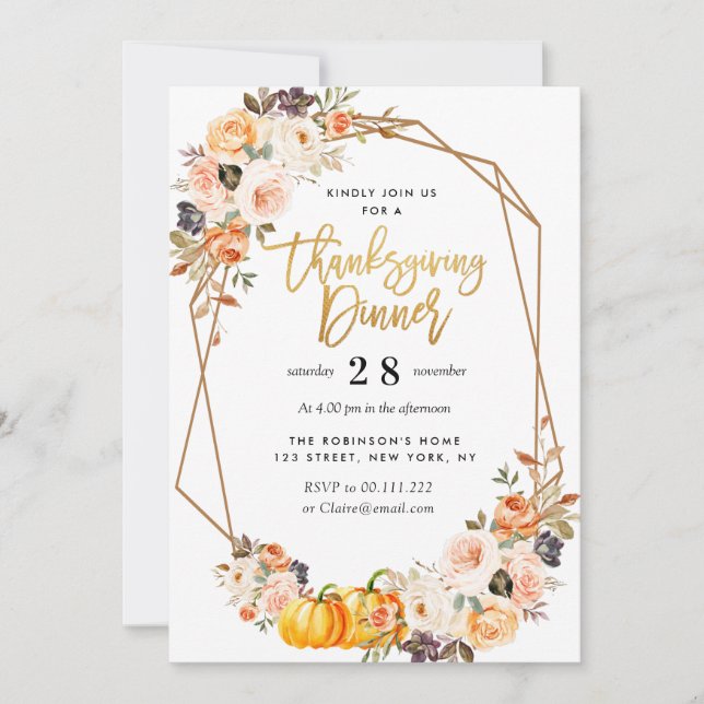 Modern fall floral geometric thanksgiving dinner invitation (Front)