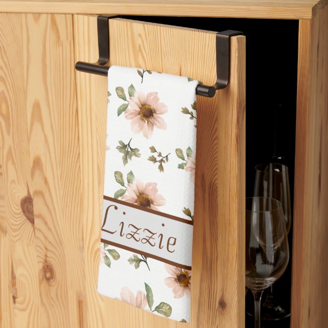 Modern Fall Floral Monogrammed Kitchen Towel (Thirds Fold)