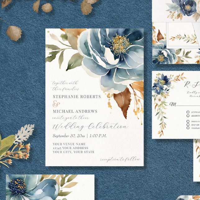 Modern Fall Floral Navy Dusty Blue Ivory Wedding Invitation (Creator Uploaded)