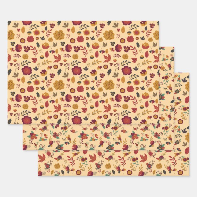 Modern Fall Floral Pattern Wrapping Paper Sheet (Set)