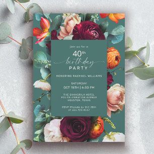 Modern Fall Floral Teal 40th Birthday Party Invitation