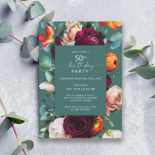 Modern Fall Floral Teal 50th Birthday Party Invitation