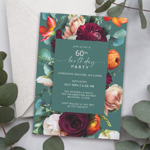 Modern Fall Floral Teal 60th Birthday Party Invitation