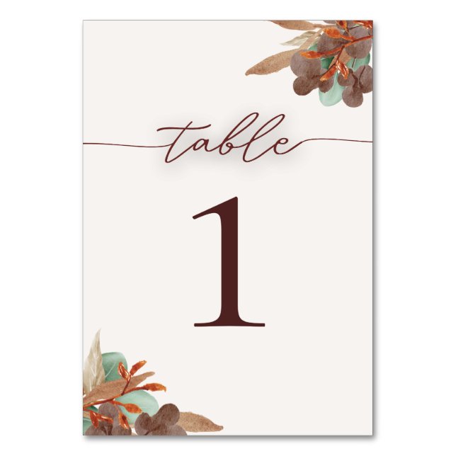 Modern Fall Foliage Autumn Wedding Table Numbers (Front)