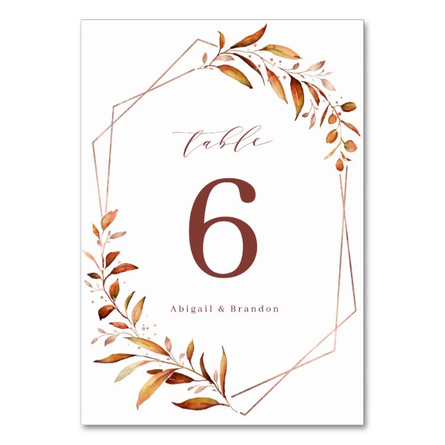 Modern Fall Greenery  Geometric Rustic Wedding Table Number (Back)