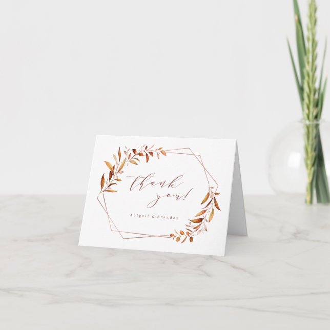 Modern Fall Greenery Geometric Rustic Wedding Thank You Card (Front)
