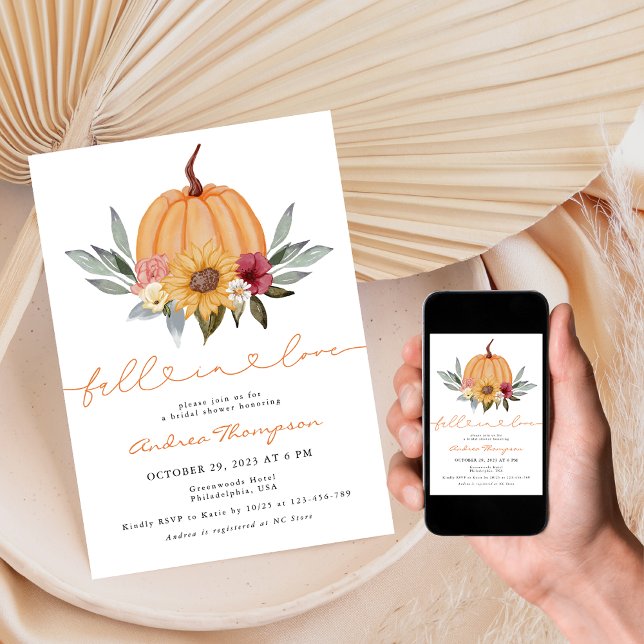 Modern Fall in Love Greenery Pumpkin Bridal Shower Invitation (Creator Uploaded)