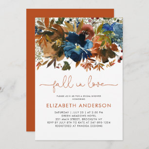 Modern Fall in Love Navy Blue Floral Bridal Shower Invitation