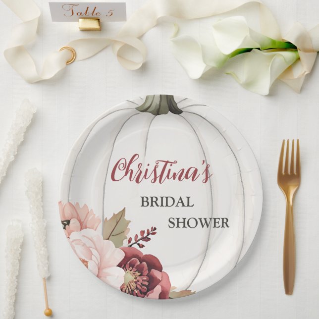 Modern Fall in Love Pumpkin Floral Bridal Shower Paper Plate (Wedding)