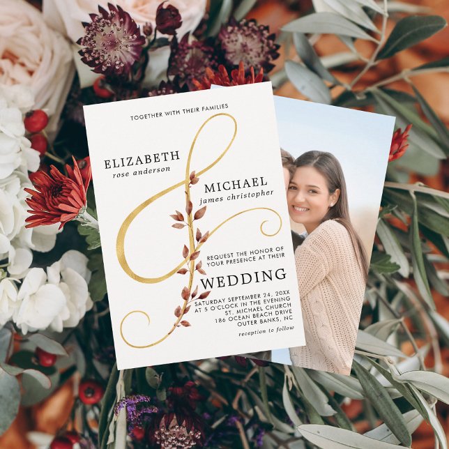 Modern Fall Leaves Ampersand Simple Photo Wedding Invitation (Creator Uploaded)