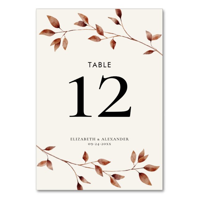 Modern Fall Leaves Botanical Wedding Table Number (Front)