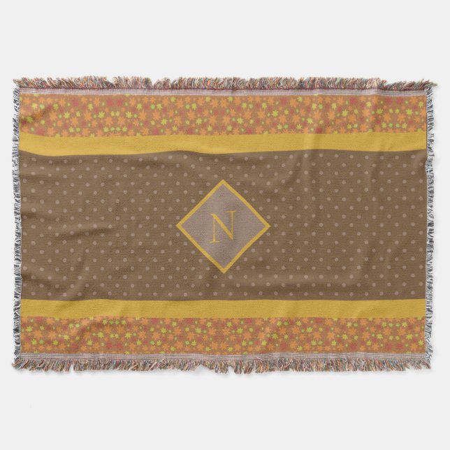Modern Fall Leaves Monogram Brown Polka Dot Throw Blanket (Front)