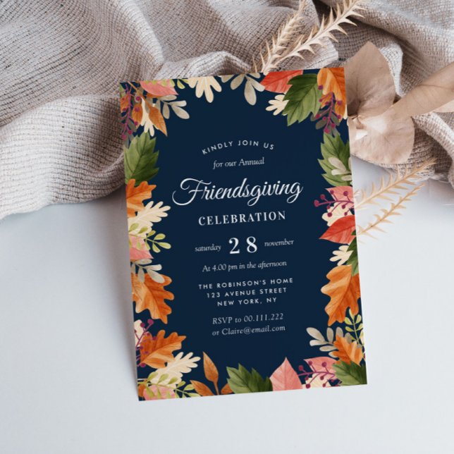 Modern fall leaves navy friendsgiving celebration invitation (Creator Uploaded)