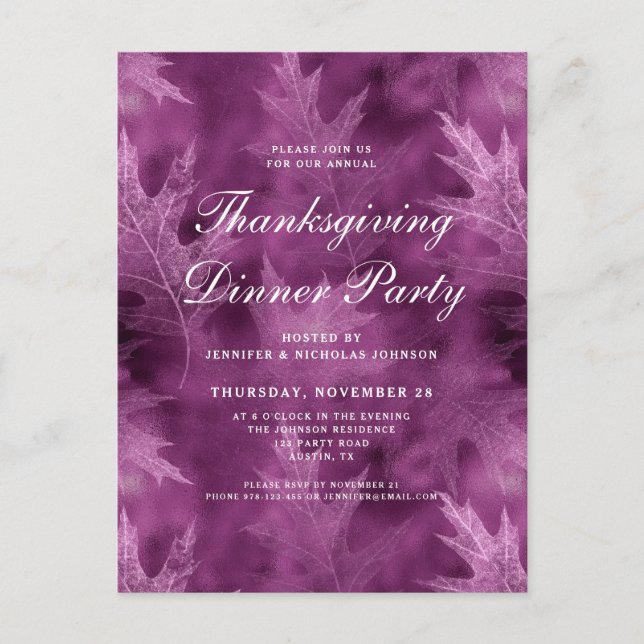 Modern Fall Leaves Thanksgiving Dinner Party Invitation Postcard (Front)