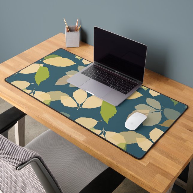 Modern Fall Leaves with Teal Background Desk Mat (Office 2)