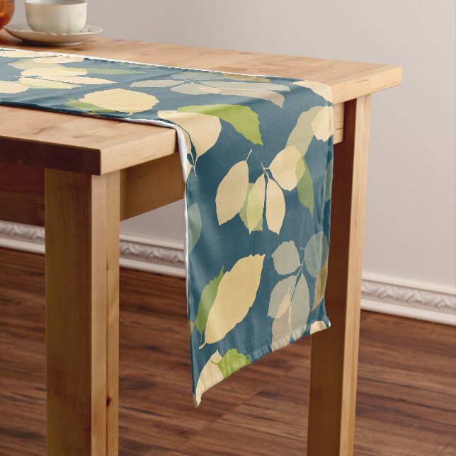 Modern Fall Leaves with Teal Background Short Table Runner (In Situ)