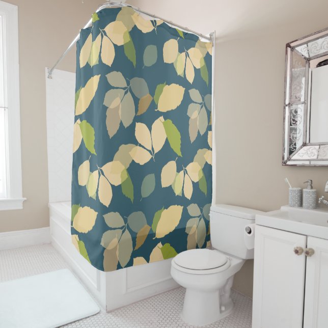 Modern Fall Leaves with Teal Background Shower Curtain (In Situ)