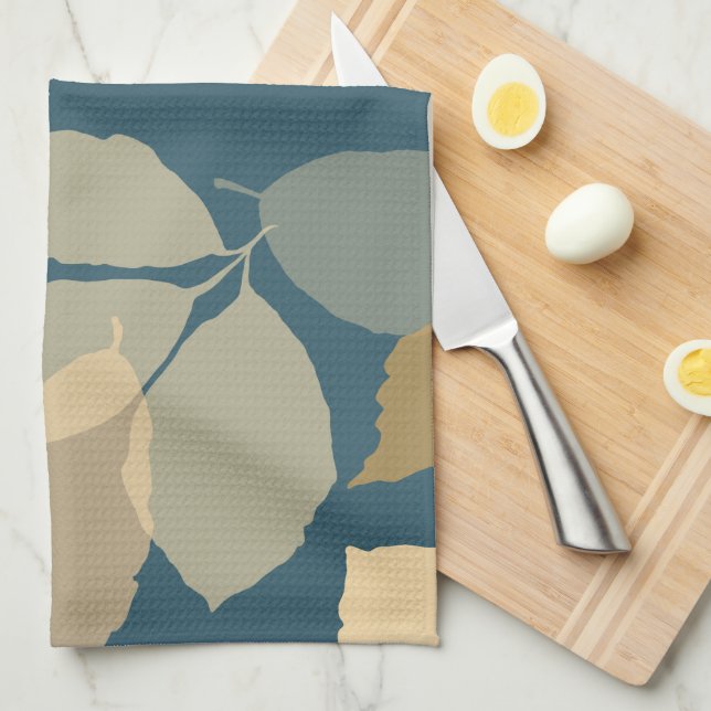 Modern Fall Leaves with Teal Background Tea Towel (Quarter Fold)