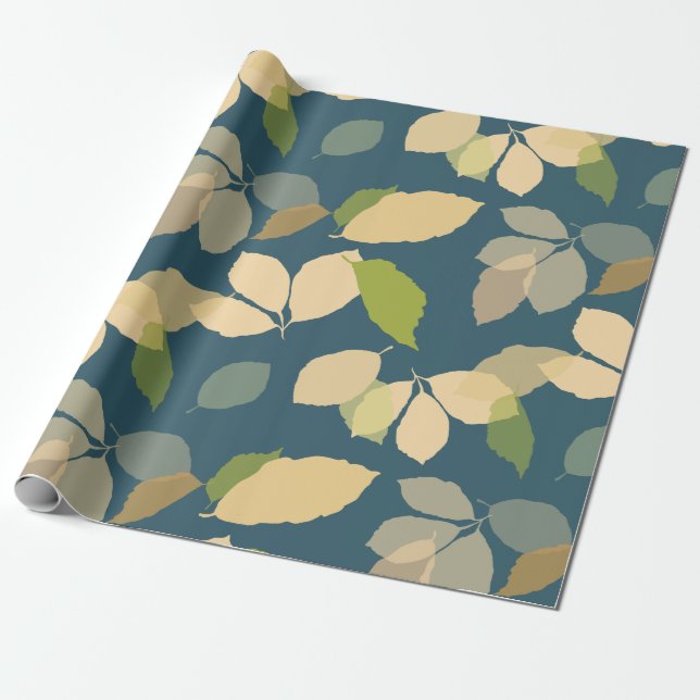Modern Fall Leaves with Teal Blue Background Wrapping Paper (Unrolled)