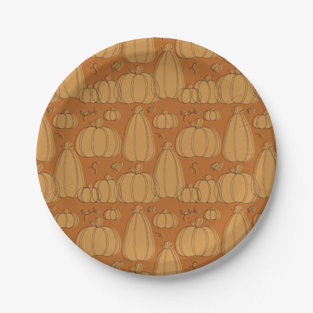 Modern Fall Pumpkin Pattern in Orange Paper Plate (Front)