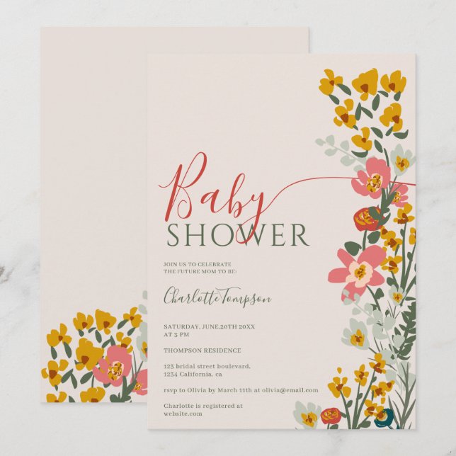 Modern fall retro flowers blush baby shower invitation (Front/Back)