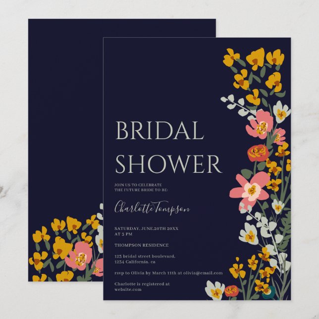 Modern fall retro flowers navy blue bridal shower invitation (Front/Back)