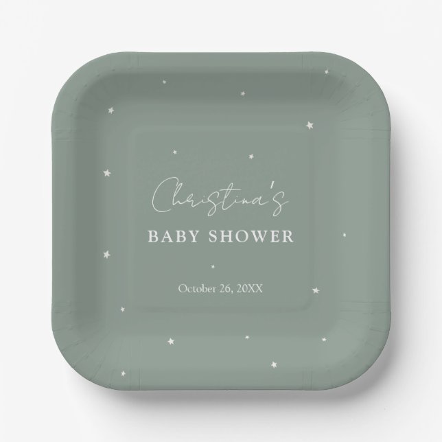 Modern Fall Sage Green Gender Neutral Baby Shower Paper Plate (Front)