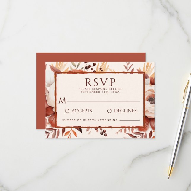 Modern Fall Terracotta Floral Boho Wedding RSVP Card (Front/Back In Situ)