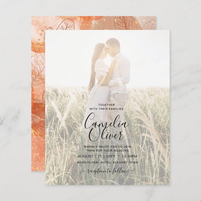 Modern Fall Terracotta Orange Leaf Wedding Invite (Front/Back)