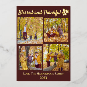 Modern Fall Thanksgiving Family photo Collage Foil Holiday Card