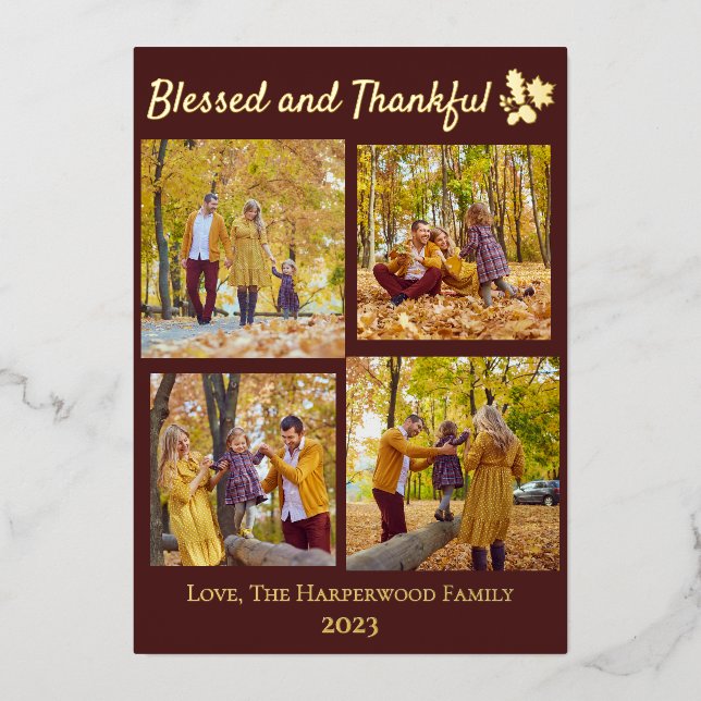 Modern Fall Thanksgiving Family photo Collage Foil Holiday Card (Front)