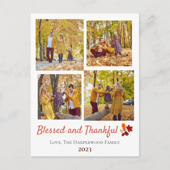 Modern Fall Thanksgiving Family photo Collage Holiday Postcard (Front)