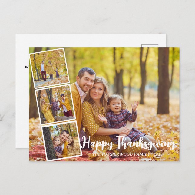 Modern Fall thanksgiving family photo collage  Holiday Postcard (Front/Back)