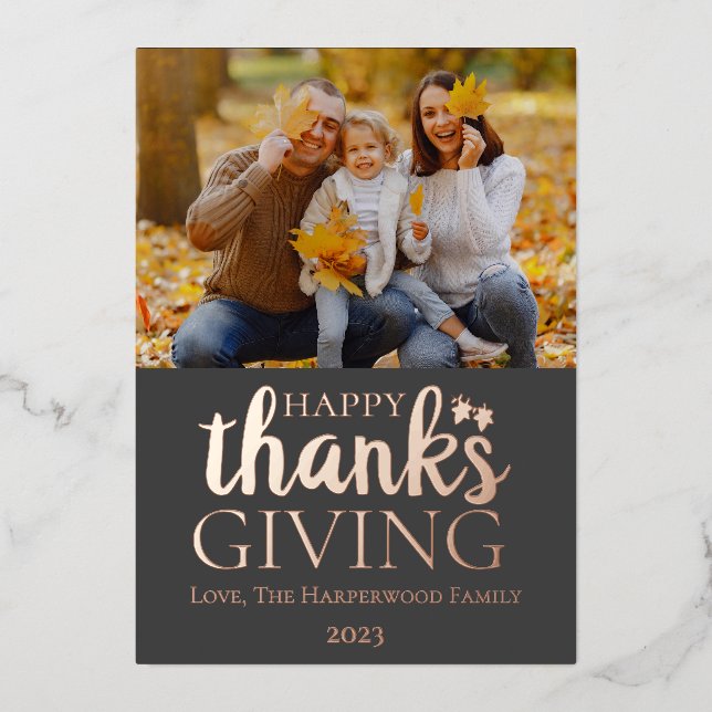 Modern Fall Thanksgiving Family photo  Foil Holiday Card (Front)