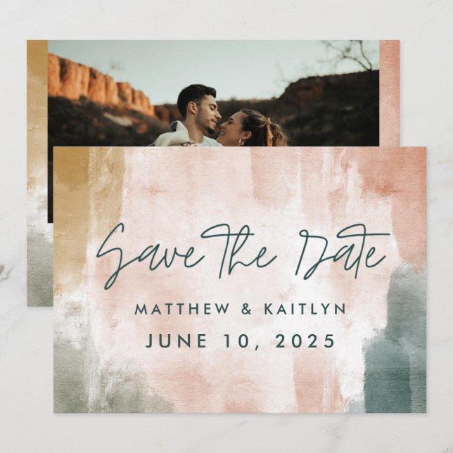 Modern Fall Watercolor Abstract Photo Wedding Save The Date (Front/Back)