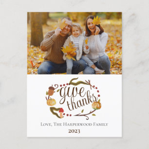 Modern Fall Watercolor Thanksgiving Family photo Holiday Postcard