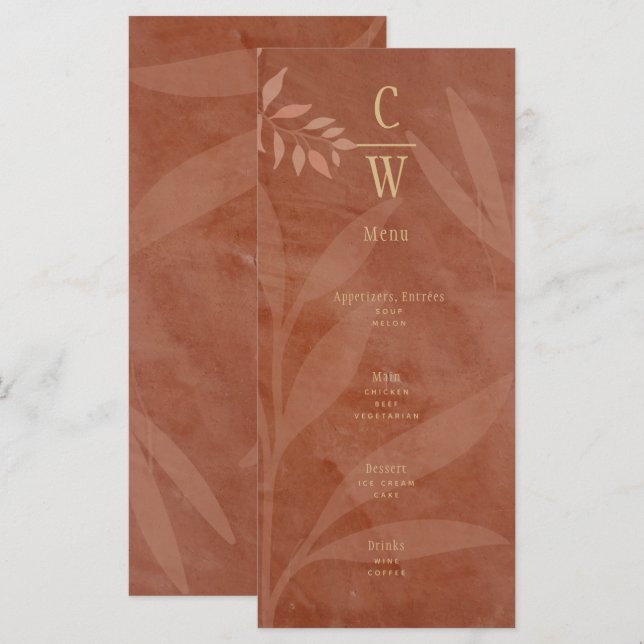 Modern FALL Wedding Terracotta Gold Leaves Menu (Front/Back)