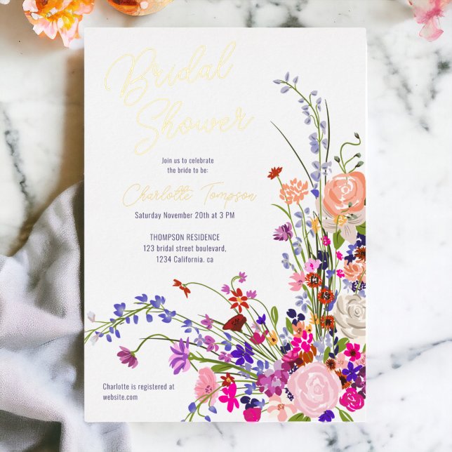 Modern fall wild flowers script bridal shower  (Modern fall wild flowers script bridal shower foil invitation)