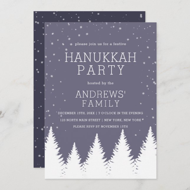 Modern Falling Snow Winter Trees Hanukkah Party Invitation (Front/Back)