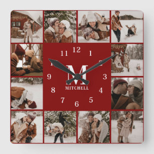 Modern Family 12 Photo Collage   Monogram Keepsake Square Wall Clock