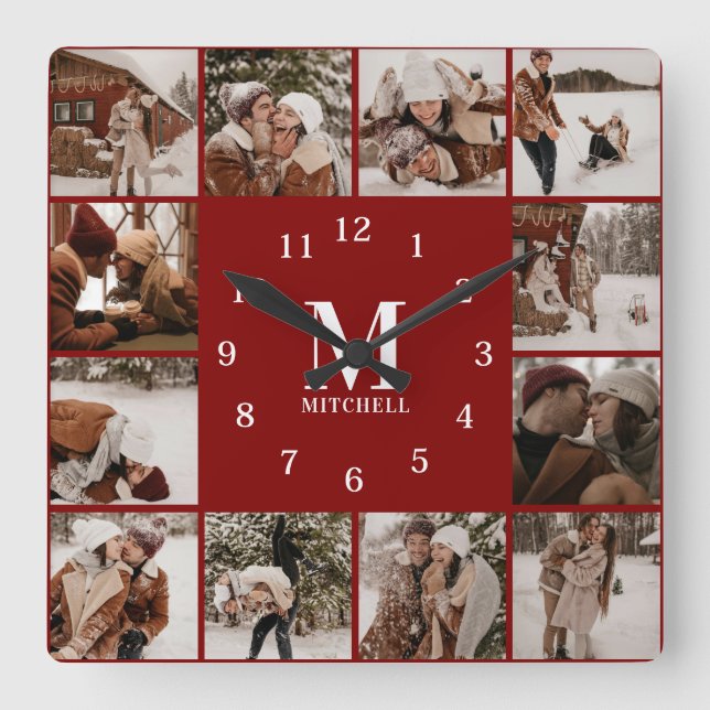 Modern Family 12 Photo Collage | Monogram Keepsake Square Wall Clock (Front)