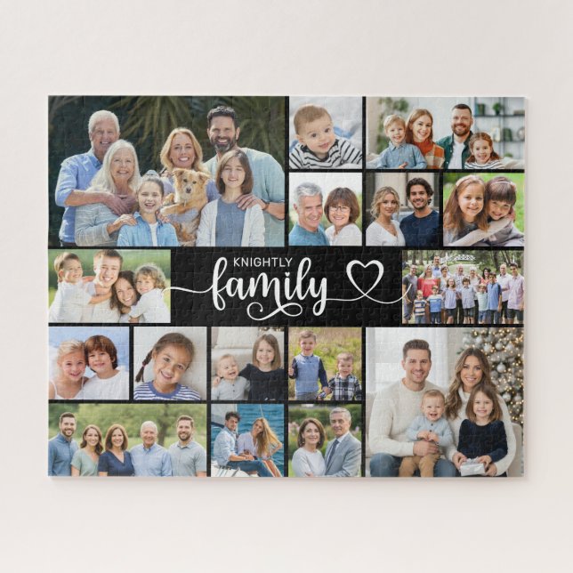 Modern FAMILY 16 Photo Collage Script Heart Jigsaw Puzzle (Horizontal)