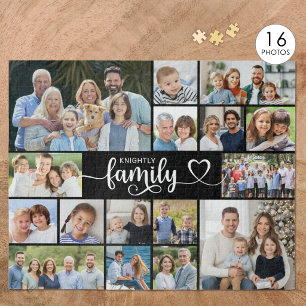 Modern FAMILY 16 Photo Collage Script Heart Jigsaw Puzzle