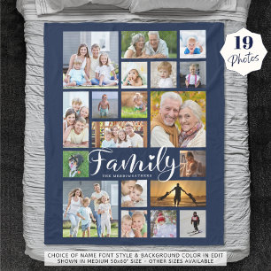 Modern FAMILY 19 Photo Collage Script Heart Navy Fleece Blanket