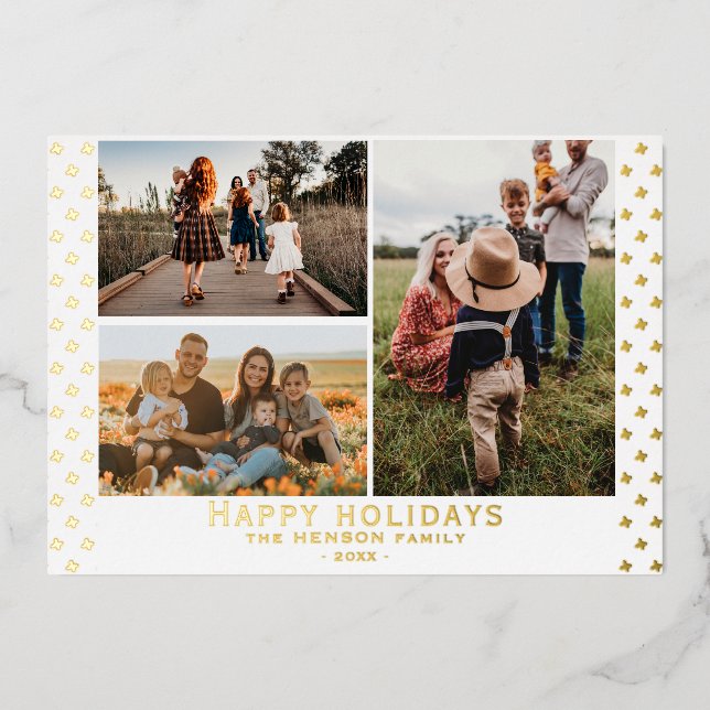 Modern Family 3 Photo Floral Pattern Christmas Foil Holiday Card (Front)