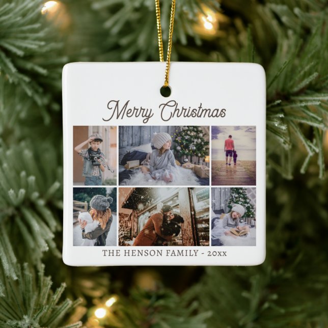 Modern Family 6 Photo Collage Merry Christmas Ceramic Ornament (Tree)